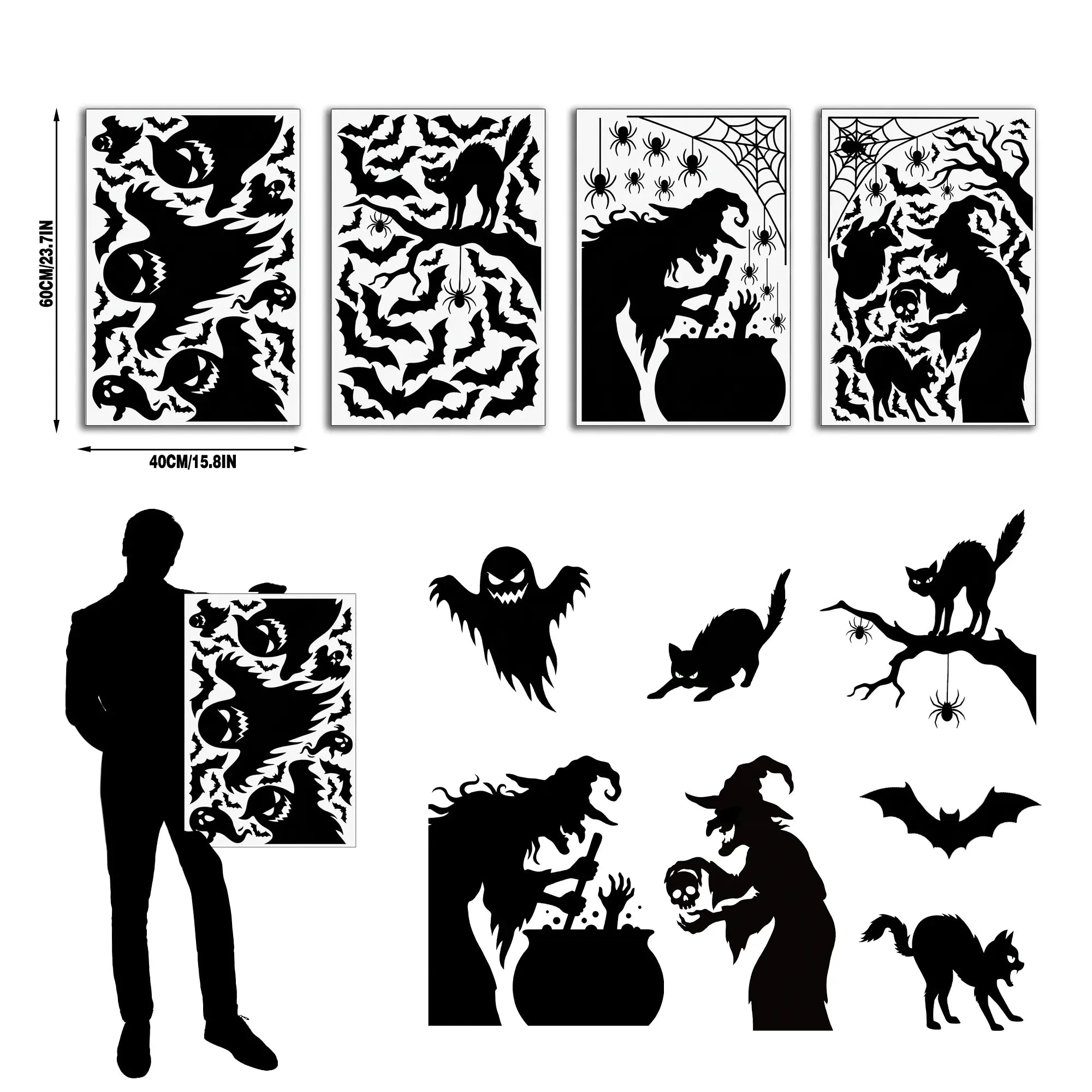 4-Sheet Large Halloween Decorative Window Clings, Spooky Silhouettes Witch Shapes Stickers Decals, Home Glass Window Door Wall Supplies for Indoor Outdoor Party Favors
