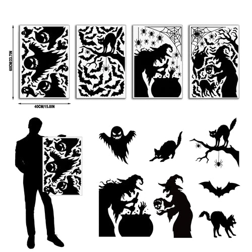 4-Sheet Large Halloween Decorative Window Clings, Spooky Silhouettes Witch Shapes Stickers Decals, Home Glass Window Door Wall Supplies for Indoor Outdoor Party Favors