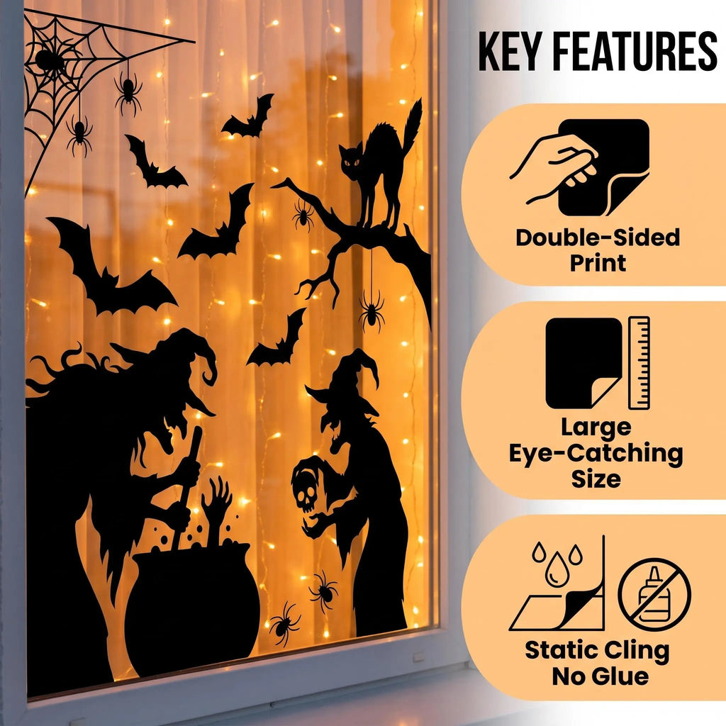 4-Sheet Large Halloween Decorative Window Clings, Spooky Silhouettes Witch Shapes Stickers Decals, Home Glass Window Door Wall Supplies for Indoor Outdoor Party Favors