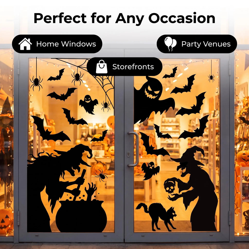 4-Sheet Large Halloween Decorative Window Clings, Spooky Silhouettes Witch Shapes Stickers Decals, Home Glass Window Door Wall Supplies for Indoor Outdoor Party Favors