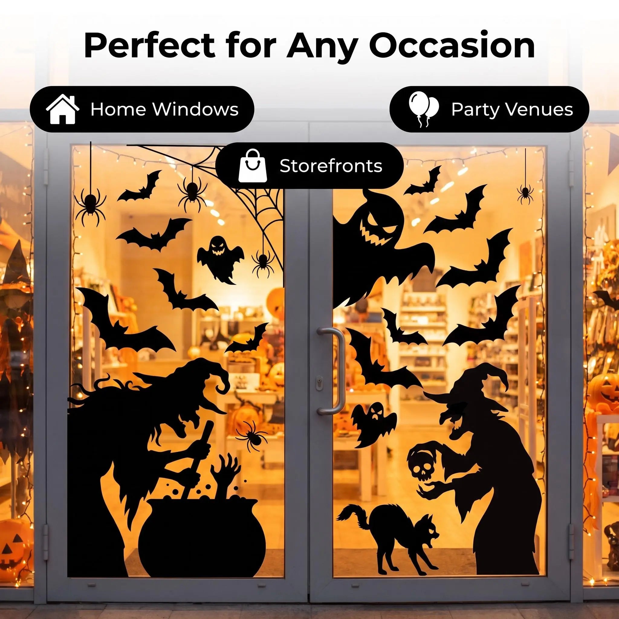 4-Sheet Large Halloween Decorative Window Clings, Spooky Silhouettes Witch Shapes Stickers Decals, Home Glass Window Door Wall Supplies for Indoor Outdoor Party Favors