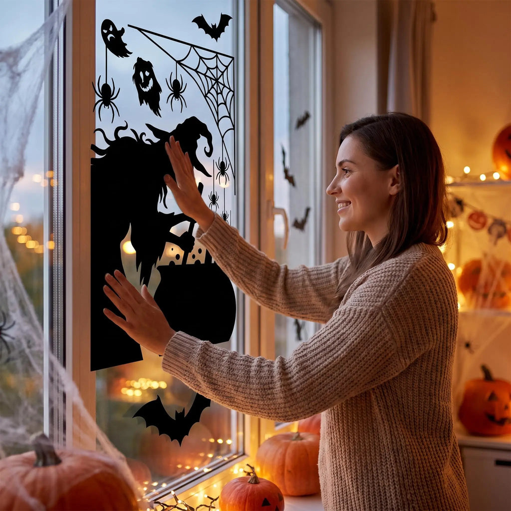4-Sheet Large Halloween Decorative Window Clings, Spooky Silhouettes Witch Shapes Stickers Decals, Home Glass Window Door Wall Supplies for Indoor Outdoor Party Favors