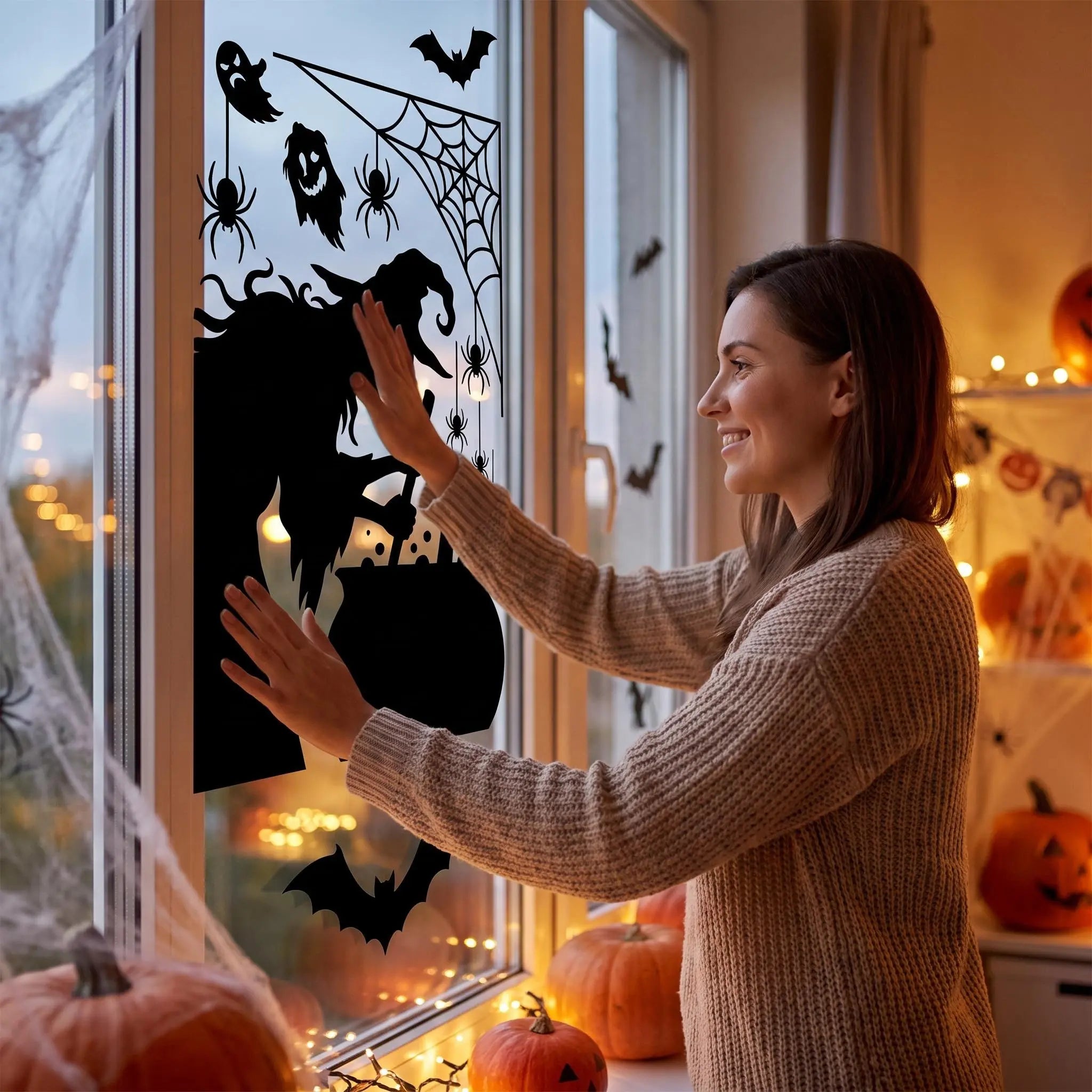 4-Sheet Large Halloween Decorative Window Clings, Spooky Silhouettes Witch Shapes Stickers Decals, Home Glass Window Door Wall Supplies for Indoor Outdoor Party Favors