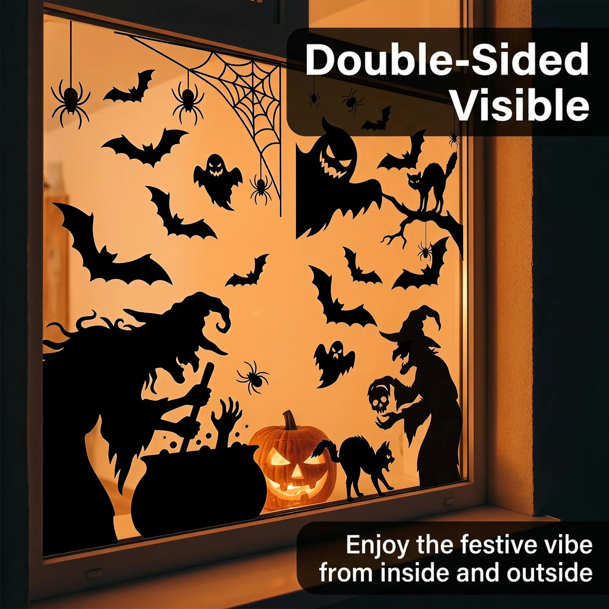 4-Sheet Large Halloween Decorative Window Clings, Spooky Silhouettes Witch Shapes Stickers Decals, Home Glass Window Door Wall Supplies for Indoor Outdoor Party Favors