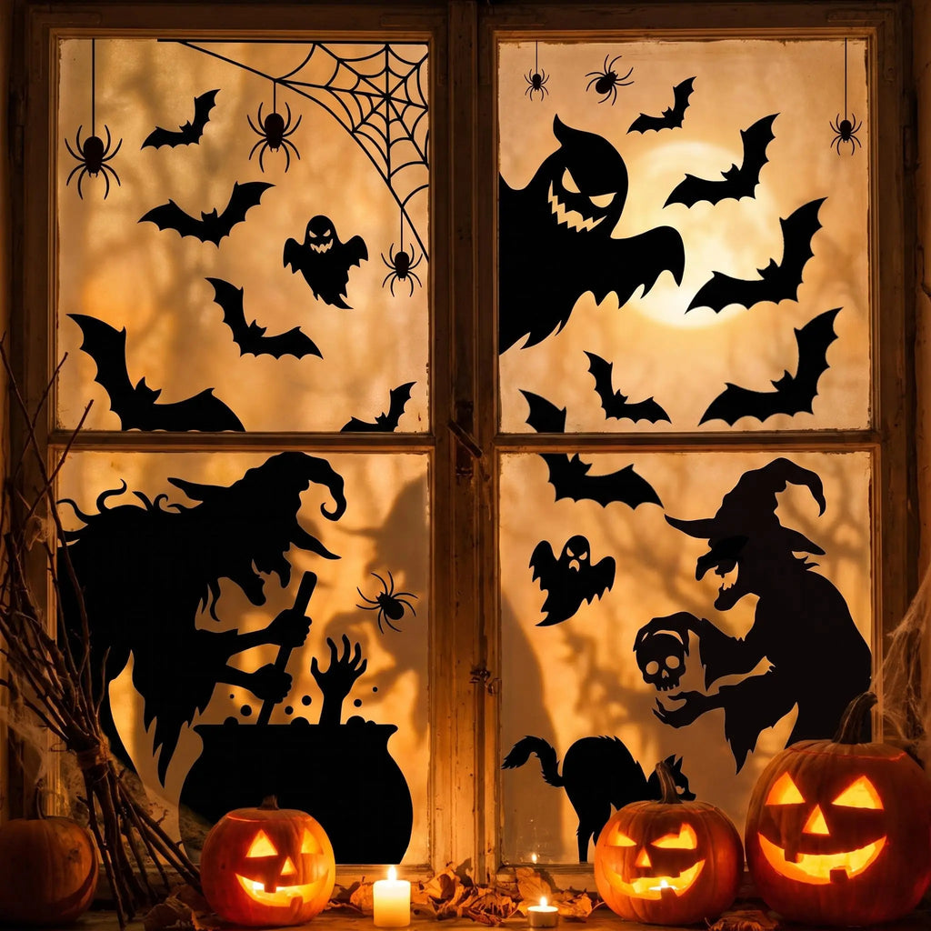 4-Sheet Large Halloween Decorative Window Clings, Spooky Silhouettes Witch Shapes Stickers Decals, Home Glass Window Door Wall Supplies for Indoor Outdoor Party Favors